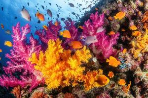 Vibrant coral reef teeming with colorful fish. photo