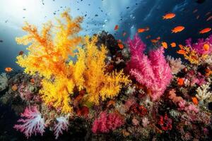 Vibrant coral reef teeming with colorful fish. photo
