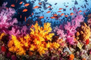 Vibrant coral reef teeming with colorful fish. photo