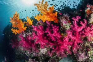 Vibrant coral reef teeming with colorful marine life. photo