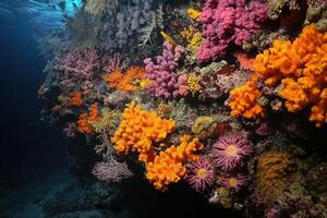 Vibrant coral reef teeming with colorful marine life. photo