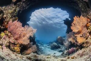 Underwater view through a coral archway. photo