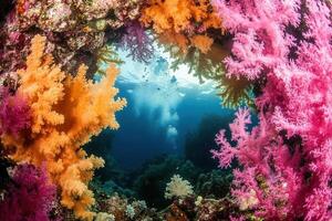 Vibrant coral reef framed by colorful corals. photo