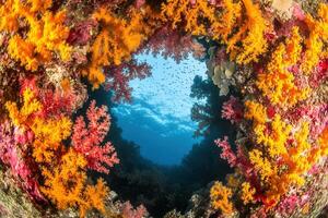 Vibrant coral reef framing a deep blue ocean view. photo