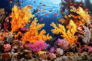 Vibrant coral reef teeming with colorful marine life. photo