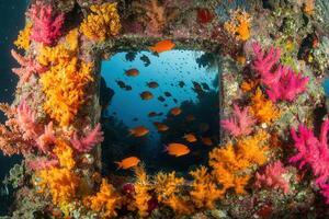 Vibrant coral reef scene viewed through a window. photo