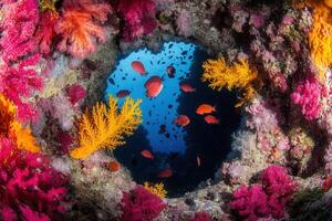 Vibrant coral reef scene with colorful fish. photo