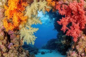 Vibrant coral reef scene with colorful corals and ocean view. photo