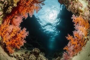Vibrant coral reef scene viewed from underwater. photo