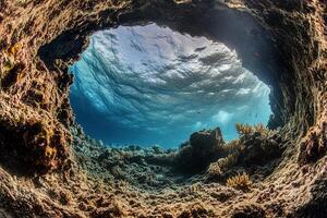 Underwater view through a coral reef opening. photo