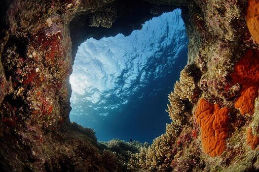 Underwater view through a coral reef opening. photo