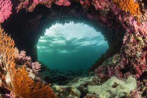 Underwater view through a coral archway. photo