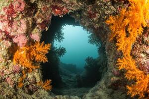 Underwater view through a coral-encrusted opening. photo