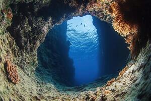 Underwater view through a rocky archway. photo