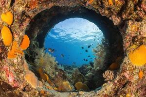 Underwater view through a coral-encrusted portal. photo