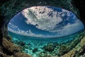 Underwater view through a rocky arch, showcasing coral. photo