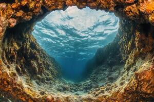 Underwater view through a rocky archway. photo