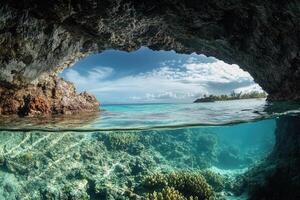 Underwater view through a rocky cave by the ocean. photo