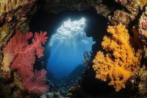 Underwater view with colorful corals and light rays. photo