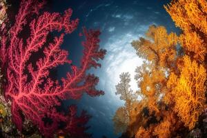Vibrant coral formations in a clear underwater scene. photo