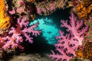 Vibrant coral formations in an underwater cave. photo