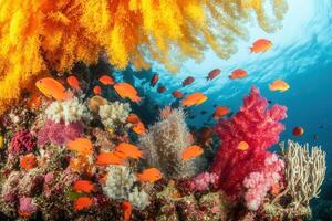 Vibrant coral reef teeming with colorful fish. photo