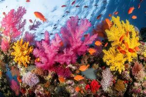 Vibrant coral reef teeming with colorful fish. photo