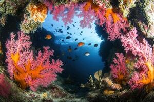 Vibrant coral reef teeming with colorful fish. photo