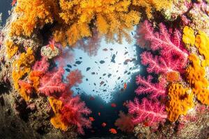 Vibrant coral reef teeming with colorful fish. photo