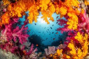 Vibrant coral reef teeming with colorful marine life. photo
