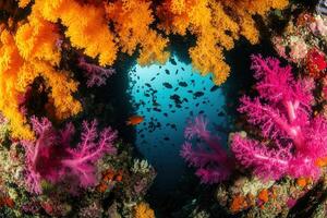 Vibrant coral reef teeming with colorful marine life. photo