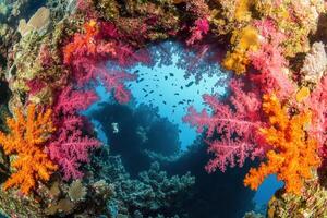 Vibrant coral reef with diverse marine life. photo