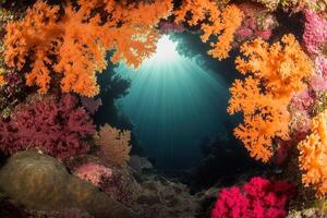 Vibrant coral reef with sunlight filtering through water. photo