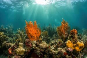 Vibrant underwater coral reef with colorful marine life. photo