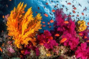 Vibrant underwater scene with colorful corals and fish. photo