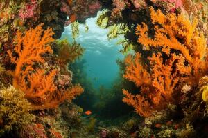 Vibrant underwater scene with coral and marine life. photo