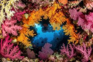 Vibrant coral reef teeming with marine life. photo