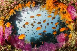 Vibrant underwater scene with colorful fish and coral. photo