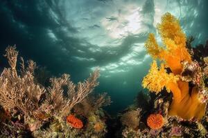 Vibrant underwater scene with coral and marine life. photo