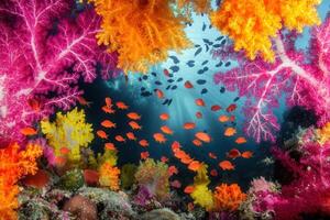 Vibrant underwater scene with colorful coral and fish. photo