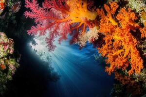 Vibrant coral reef with sunlight filtering through water. photo