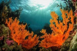 Vibrant underwater scene with orange coral and sunlight. photo