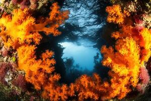 Vibrant underwater scene with orange coral formations. photo