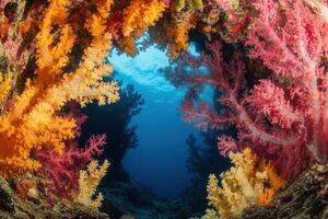 Vibrant coral reef viewed through an underwater archway. photo