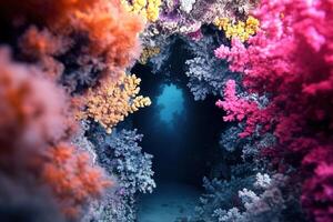 Vibrant coral reef tunnel with colorful corals. photo