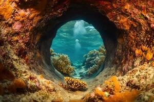 View through a coral reef tunnel in vibrant underwater scene. photo