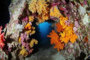 Vibrant coral reef with colorful marine life. photo