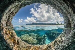 View through a rocky arch into a vibrant coral reef. photo