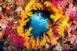 Vibrant coral reef with colorful marine life. photo