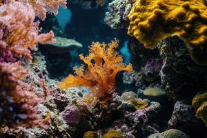 Vibrant coral reef with colorful marine life. photo